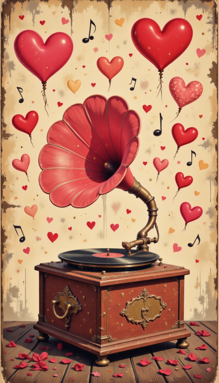 pinkvintagevalentine,
A vintage gramophone playing a record, with musical notes swirling into heart shapes in the air, set against an old wallpaper background.