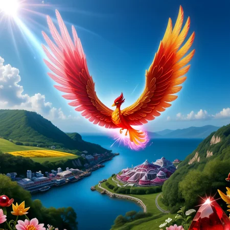 score_9, score_8_up, score_7_up, (Phenomenal Phoenix from pink and red crystals flying in the sky in its splendor, intense pink and red glowing aura on the phoenix's body, powerful energy reside inside the core of phoenix's body and the phoenix's eyes radiating blazing heat:1.37), strong focus on subject, strong bokeh, masterpiece, flawless complexion, top quality, best quality, ultra-realistic, ultra-detailed, 8k, highest resolution, surreal, incredibly lifelike, real life photo reality, lots of colorful kinds of beautiful flowers, bunches of tiny little animals, tiny birds and butterflies flying around, fish jumping in the air, wisdom tree, sunlight, perfect shadow, perfect panorama photo, lakes, meadows, best artistic scenery, colorful, rich colors, perfection artistic, uncanny realism, realism pushed to extreme, outstanding clear photo quality, immaculate-micro-details phoenix, intricate details, awards winning legendary almighty beast photography, 360 View, 360, micro details photography, shot on Canon EOS 5D, glamour photography, radiant god rays, Ilford HP5 Plus, Photographers by Tim Walker, technicolor, digital art, depth of field, (distant view:1.6)