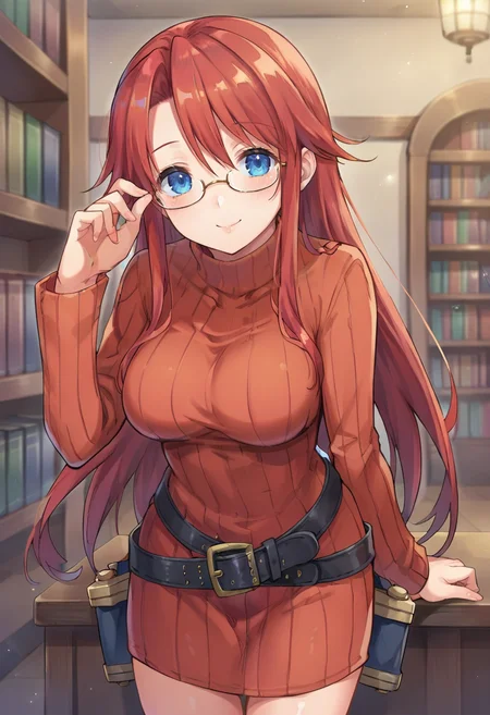 score_9,score_8_up,score_7_up,anime coloring BREAK source_anime,anime,<lora:Aty_Summon_night_3:0.8>,aty,1girl,solo,blue eyes,red hair,long hair,sweater,belt,glasses,kind smile,leaning forward,arm support,hand on glasses,indoors,fantasy,library,