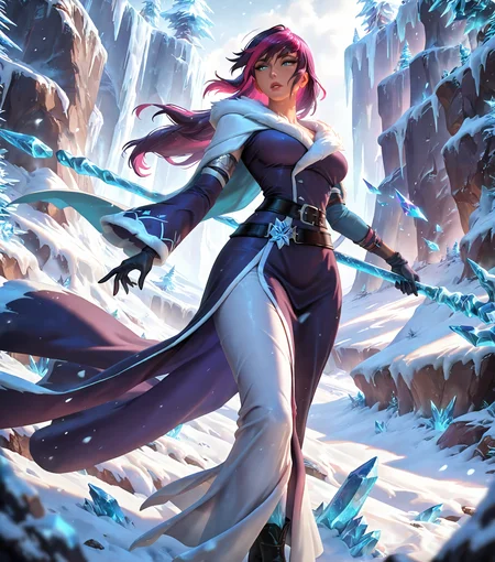 <lora:Fiora_league:0.8> f1ora, solo, purple hair, official art, Frostcaller, ice-crusted robes, crystalline staff, frozen aura, glacier-covered landscape, masterpiece, best quality, amazing quality, <lora:cfg_scale_boost:0.5>,
