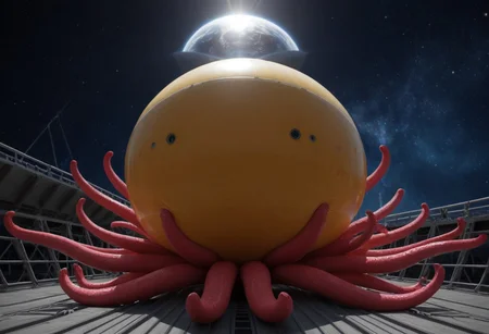 the grand spaceship from the movie "Alien", red star ussr on the bow of the ship, on cute big illuminates as view ports, streamlined tentacle wings, in space with milky way in background, 4k