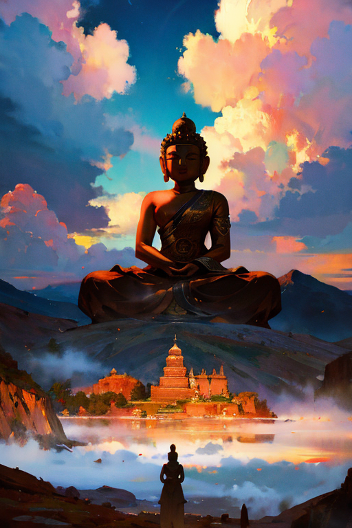 breathtaking (otherworldly),highly insanely detailed,masterpiece,top quality,best quality,highres,4k,8k,RAW photo,(beautiful and aesthetic),Fantasy style,oriental scenery,wonderland,vista,clouds,mountains,Buddha light,giant Buddha,Silhouettes of people,dazzling,rich colors,<lora:add_detail:0.7>,(mewkledreamy:1.1), . award-winning, professional, highly detailed
