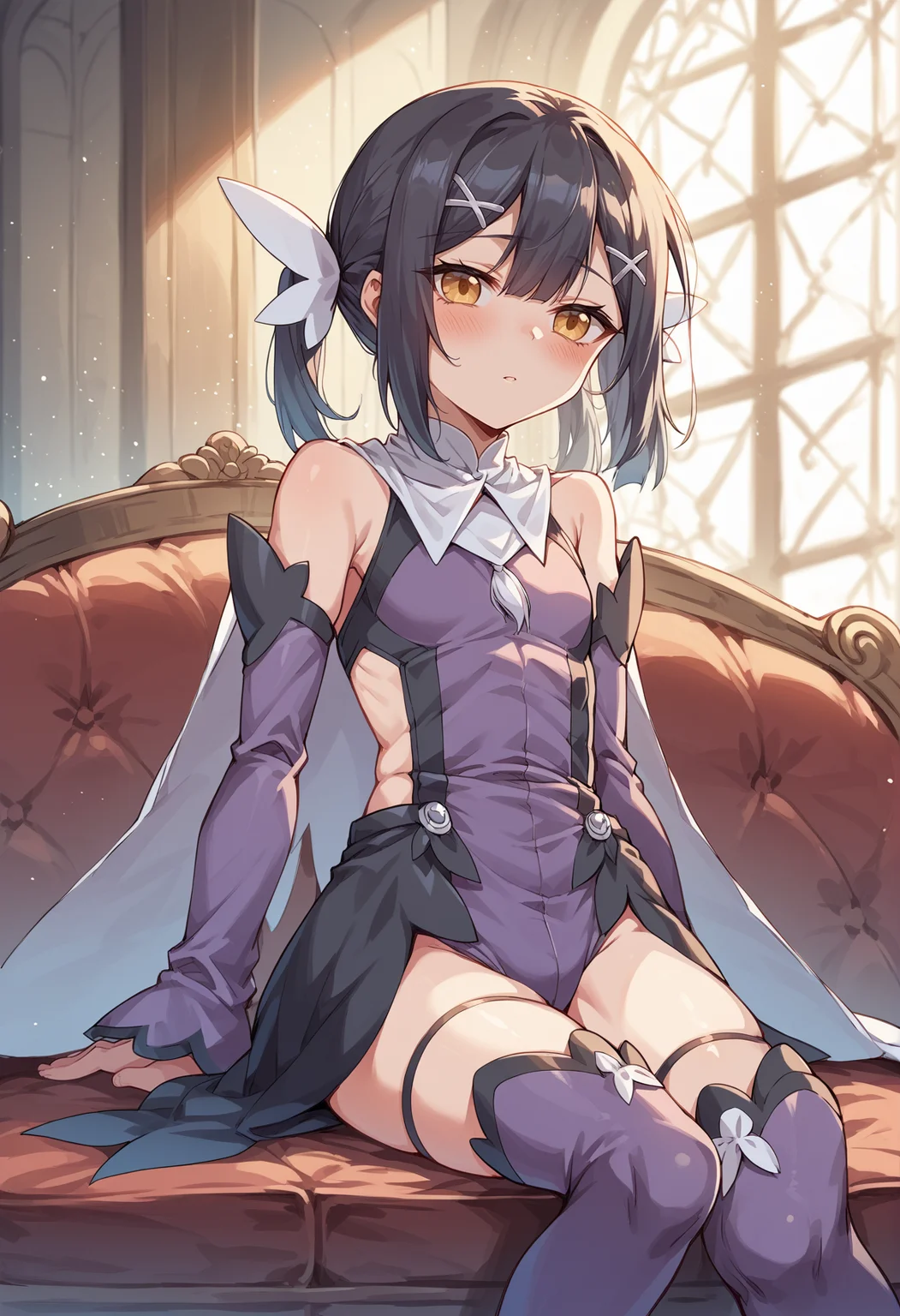 1girl, medium hair, yellow eyes, x hair ornament, low twintails, feathers, magical girl, leotard, waist cape, detached sleeves, thighhighs, white boots, cape, sitting, indoors, couch, expresionless, flat chest, blushing, head on knee, mansion <lora:Miyu_XL:1>, score_9, score_8_up, score_7_up, score_6_up, score_5_up, score_4_up, BREAK source_anime, masterpiece