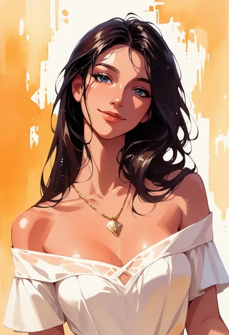 score_9, score_8_up, score_7_up, score_6_up, source_cartoon, 1girl, female, solo, femenine, petite, lean, pale skin,, soaking wet hair, smile, diaphonous white dress, bronze necklace, medium breasts, female focus, official style, close up, perfect anatomy, perfect face, standing, abstract beauty, beautiful, centered, looking at the camera, approaching perfection, dynamic, moonlight, highly detailed, watercolor painting, artstation, concept art, smooth, sharp focus, illustration, portrait