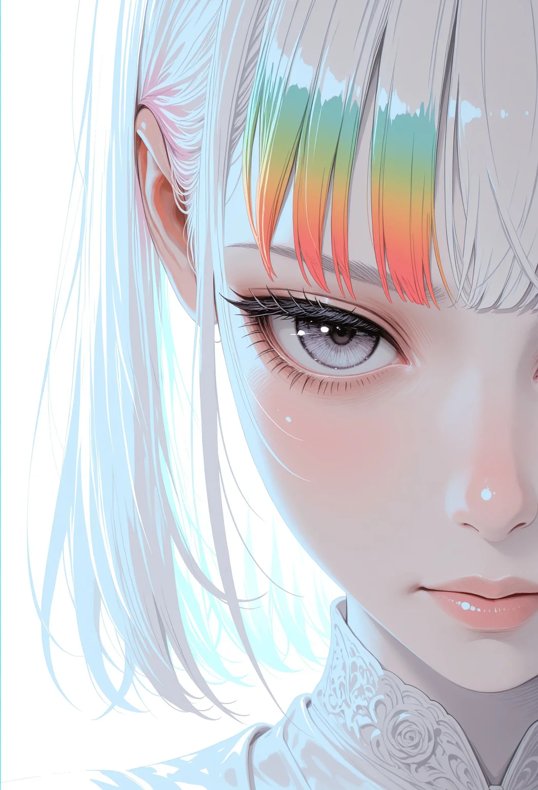 masterpiece, best quality, newest, highres, absurdres,no lineart, no outline, detailed, looking at viewer, 1girl, solo, chromatic aberration, rainbow hair,white theme ,limited palette,tenebrism,close up, depth of field