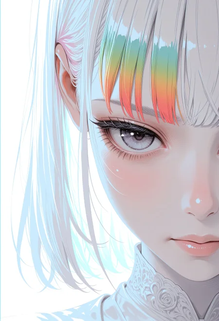 masterpiece, best quality, newest, highres, absurdres,no lineart, no outline, detailed, looking at viewer, 1girl, solo, chromatic aberration, rainbow hair,white theme ,limited palette,tenebrism,close up, depth of field