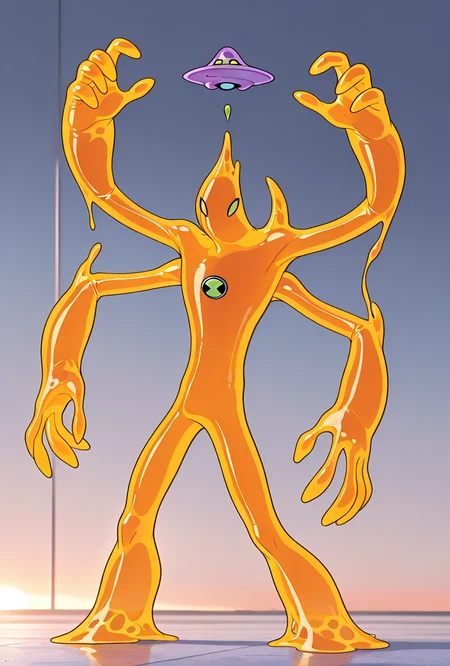 <lora:goop-09:1> goop, solo, no humans, male focus, orange skin, pokemon (creature), slime (substance), translucent character, transparent skin, floating small ufo on head, dynamic pose, stretchy limbs, purple slime, massive hands,
two heads, looking at each other, multiple arms, mitosis, splitting, multiple heads,, masterpiece, best quality, amazing quality, very aesthetic, absurdres, newest,