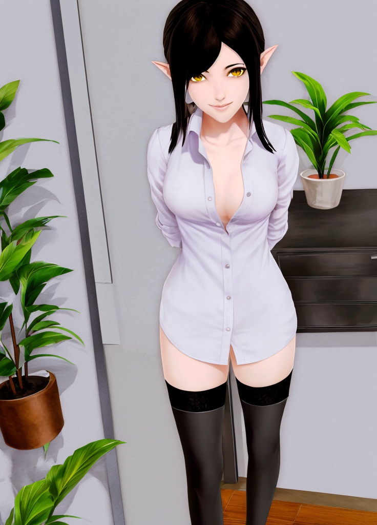 Harem_Hotel_Lin, 1girl, solo, looking at viewer, smile, shirt, black hair, thighhighs, medium breasts, yellow eyes, open clothes, pointy ears, indoors, white thighhighs, open shirt, dress shirt, no bra, arms behind back, plant, potted plant, naked shirt, <lora:Harem_Hotel_Lin-03:0.8>,