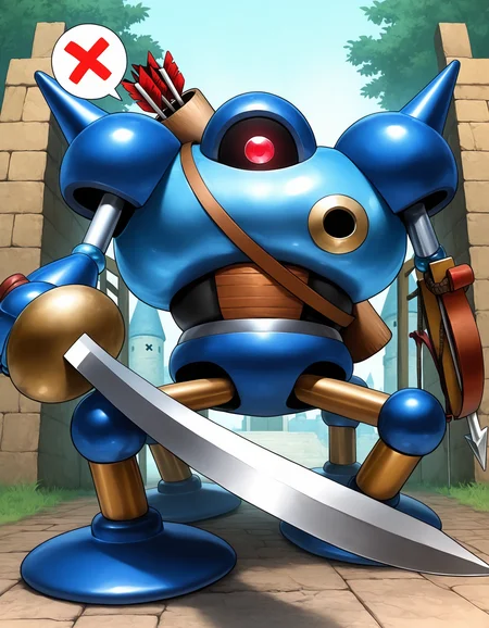 masterpiece,extreme detailed,day,outdoors,gate,castle BREAK 1other,killing_machine_(dq),no humans,one-eyed,robot,red eyes,holding sword,robot,spikes,arrow \(projectile\),bow \(weapon\),4_legs,<lora:killing_machine_(dq)-IL:1>,looking at viewer,spoken x,