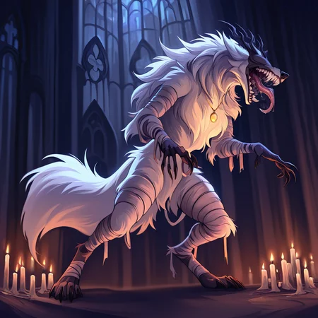 <lora:Vicar_Amelia__Illustrious:1> bbvicamelia, fur, fluffy fur, sharp teeth, claws, paws, drool, long tongue, standing straight, digitigrade, bent legs, in dark candlelit gothic cathedral, candles, golden pendant necklace, bandages, screaming,, masterpiece, best quality, newest, absurdres, highres, very aesthetic,