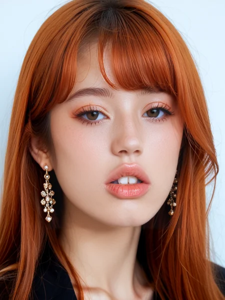 score_9, score_8_up, score_7_up, ladyburns, sideburns, 1girl, solo, (monolid:1.2), japanese, asian, korean, looking at viewer, bucktoothed, isolated, teefs44, parted lips, big teeth, jewelry, earrings, ((bangs)), long hair, ginger hair, bignoselady, large nose, aquiline, round face, (dimples:1.2), full lips, big lips, cupids bow, bow shaped lips, wide mouth <lora:Lady_Sideburns-000008:1>, <lora:Teefs-000007:.68>, <lora:Big_Nose_Ladies-000008:.8>