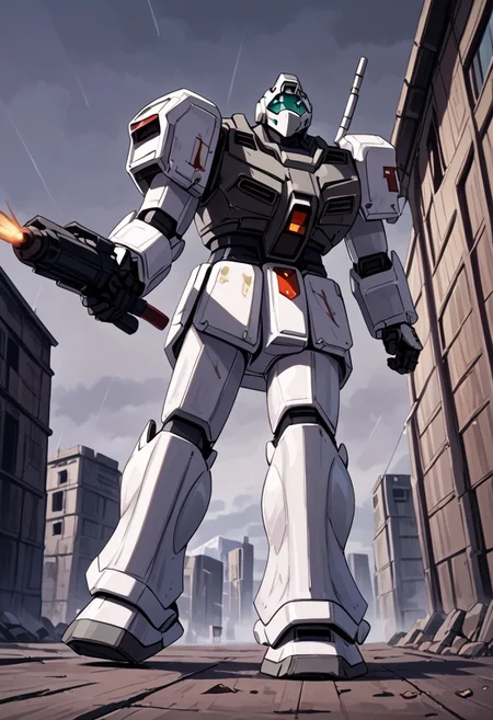 score_9, score_8_up, score_7_up, source_anime, cowboy shot, side view, BREAK, ( gm_cold_districts_type, looking up, running, rifle, aiming up, beam saber on back, ) 1mech, mech focus, solo, BREAK, white to grey background, cold lighting, score_9, score_8_up, score_7_up, source_anime, cowboy shot, side view, dutch angle from below, BREAK, ( ) 1mech, mech focus, solo, BREAK, city, ruins, overcast, cloudy sky, rain clouds, broken concrete, dirty, (score_9, score_8_up), score_7_up, <lora:PonyImperialF40k:0.8> ImperialF40k, power armor,