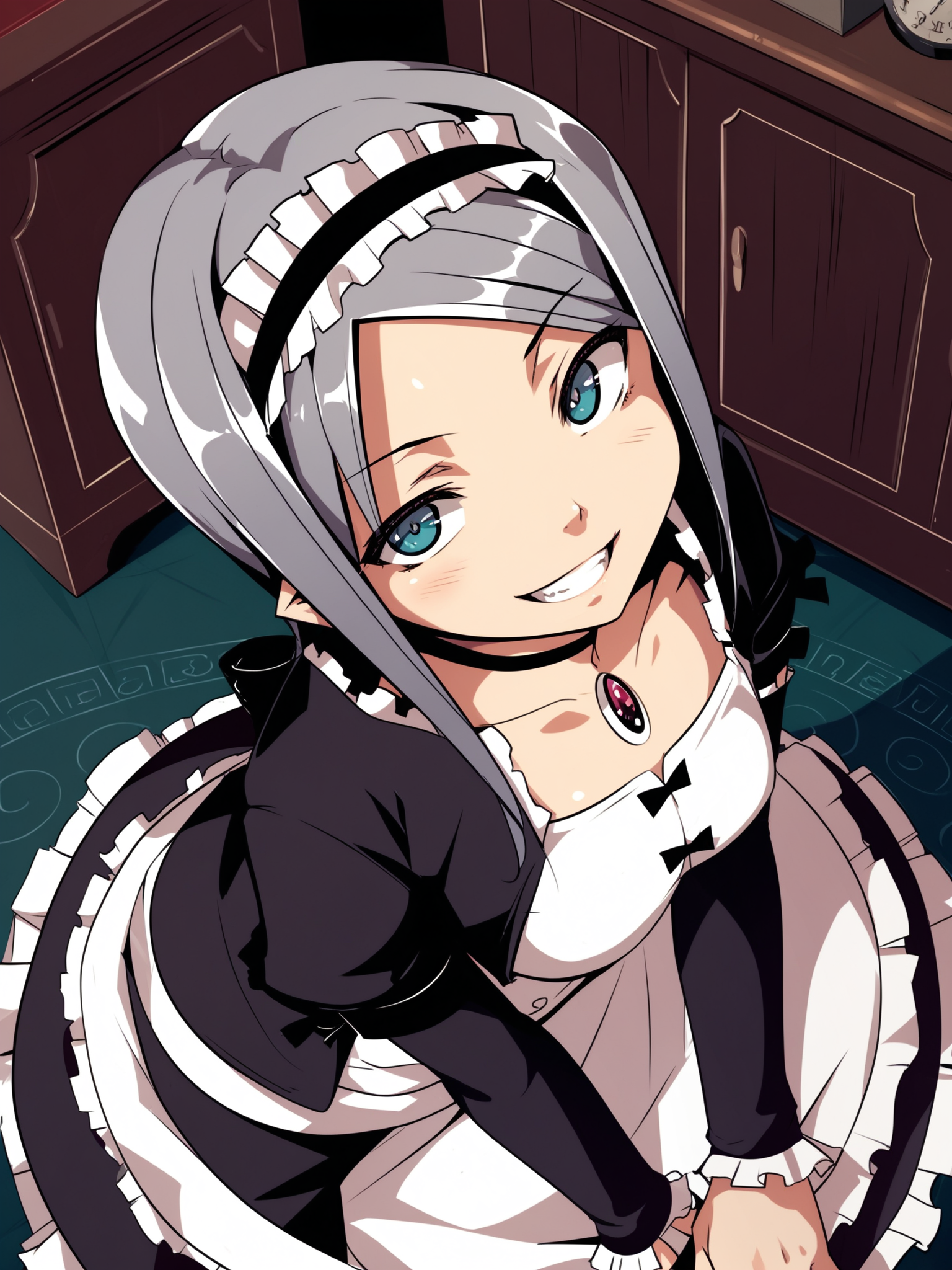 <lora:happy_tentacle-leia-v0.1-000033:1>, ht_leia, maid, maid headdress, arm garter, detached sleeves, black sleeves, black thighhighs, pendant choker, dress shirt, cropped jacket, garter straps, black skirt, frills, , indoors 1girl, solo, portrait , , ( evil smile, teeth :1), , , standing , from above , score_9, score_8_up, score_7_up, score_6_up, score_5_up, score_4_up