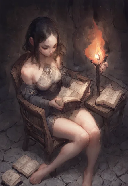 score_9, score_8_up, score_7_up, score_6_up, score_5_up, score_4_up, 1girl, medium breasts, underground, medium hair, black hair, stone floor, holding book, reading, sitting, chair, torch, wooden table,
<lora:Nat_The_Lich:1>
