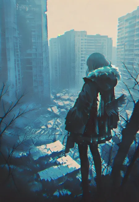 1girl, ruins, solo, chromatic aberration, building, from behind, fur trim, outdoors, standing, post-apocalypse, jacket, holding, overgrown, rubble, coat, gun, facing away, pantyhose, hood, hood down, city, long sleeves, weapon, blue theme, holding gun <lora:748cmXL_il_lokr_V6311P:0.95>
