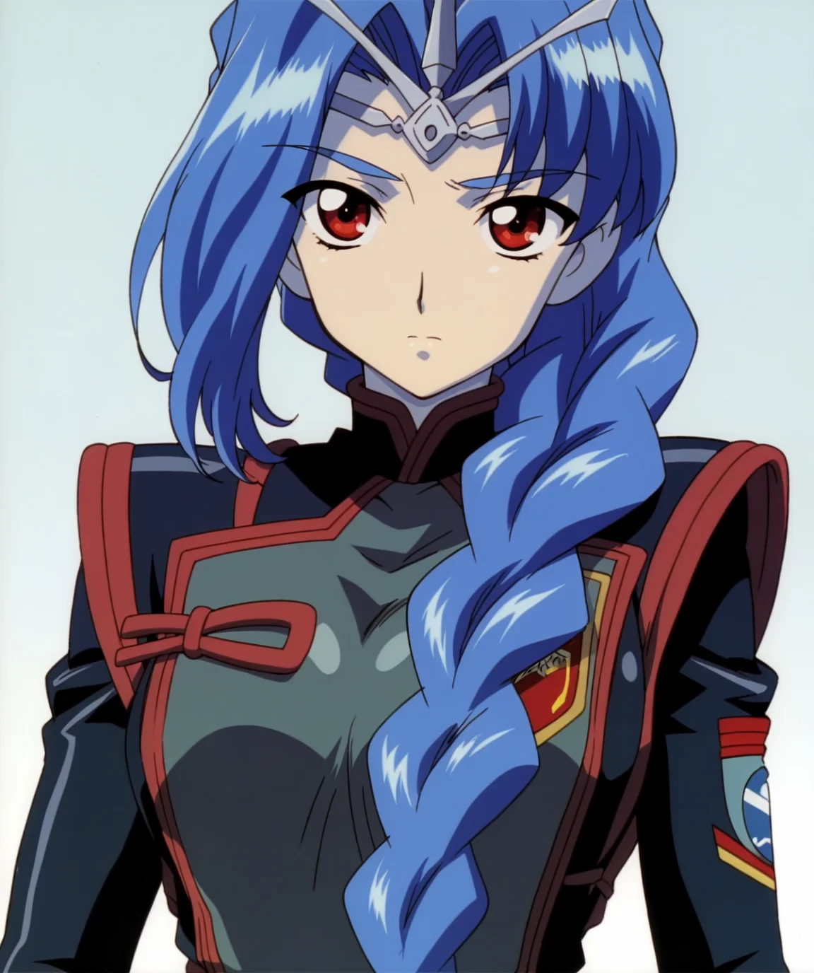 masterpiece, best quality, amazing quality, very aesthetic, ultra detail, clear line, solo, <lora:spall_v01:0.8>, spall, red eyes, blue hair, long hair, single braid, hair ornament, military uniform, emblem, upper body, simple background, <lora:LECO_BadHands:1.2>, <lora:LECO_GoodHands:-1.2>