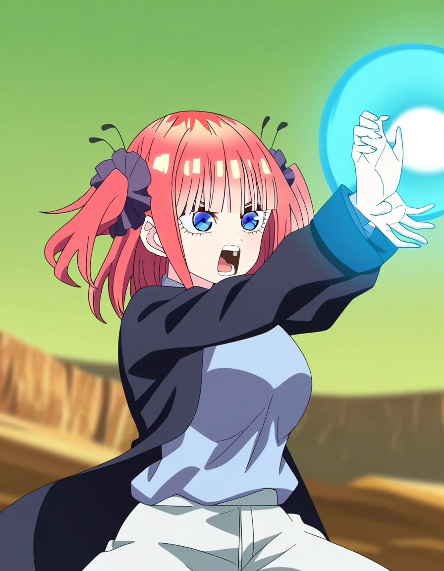 masterpiece, best quality, newest, absurdres, highres, safe,, <lora:nino-nakano-honeymoon-ponyxl-lora-nochekaiser:1>, nino nakano, bangs, blue eyes, hair ornament, twintails, pink hair, blunt bangs, medium hair, scrunchie, eyebrows hidden by hair, purple scrunchie, large breasts, <lora:kamehameha-illustriousxl-lora-nochekaiser:1>, kamehameha, kamehameha (dragon ball), open mouth, outstrecthed arms, torn clothes, shouting, from side, energy, energy ball, outdoors, wasteland, cowboy shot,