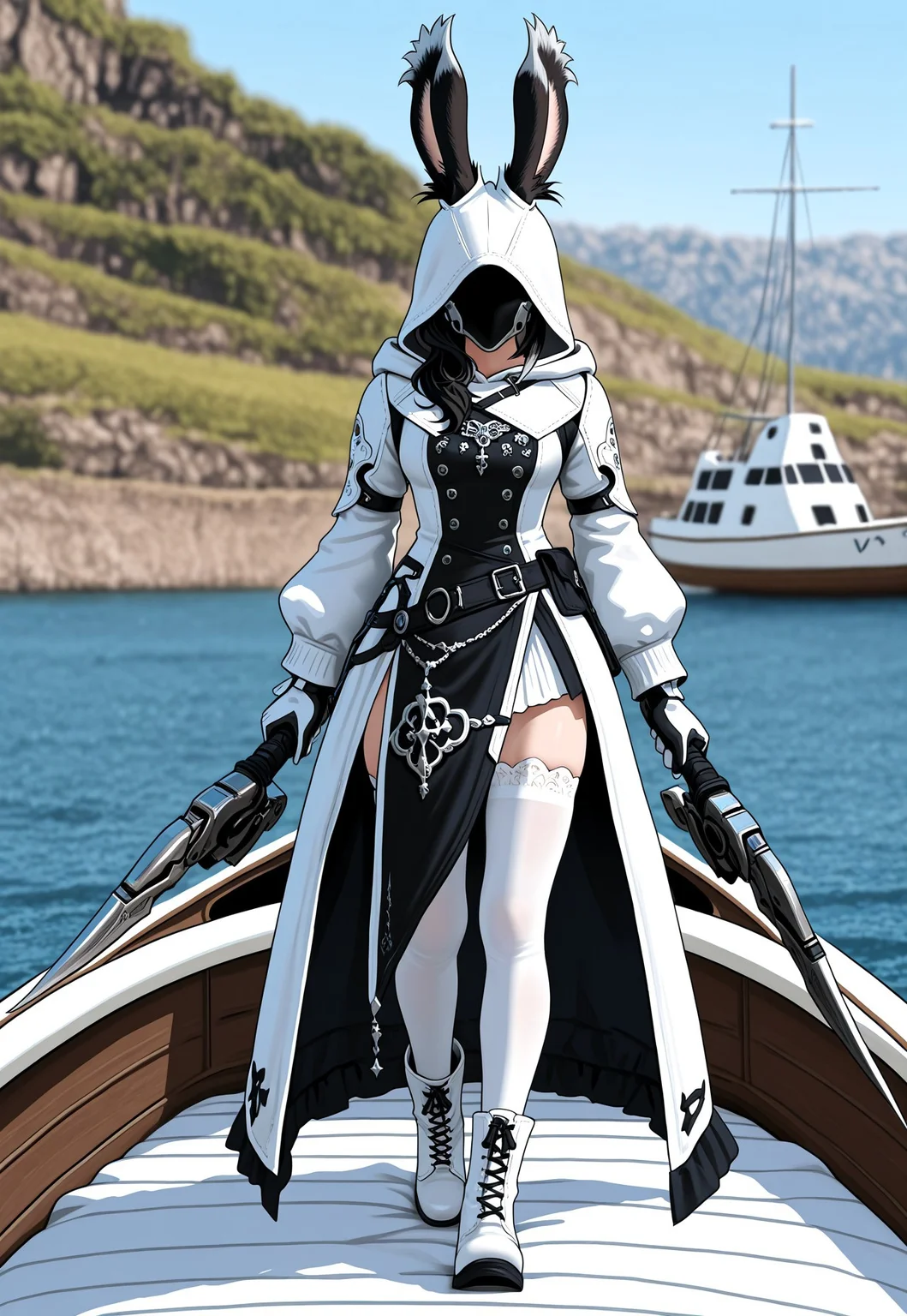 masterpiece, very aesthetic, high score, newest, best quality, FF_V13R4, 1girl, solo, hood, thighhighs, animal ears, rabbit ears, blurry background, hood up, blurry, white thighhighs, holding, weapon, standing, gloves, outdoors, black hair, watercraft, day, holding weapon, boat, full body, viera, dress, boots
