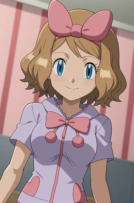 score_9, score_8_up, score_7_up, source anime, anime, animification, anime screencap, anime coloring, vivid colors, shiny skin, skindentation, deep skin, depth of field, high quality, highres, (dynamic angle,dynamic pose),
serenapajamas, 1girl, solo, looking at viewer, smile, short hair, blue eyes, brown hair, shirt, bedroom, ribbon, closed mouth, upper body, short sleeves, hairband, shiny, shiny hair, eyelashes, transparent background, pink bow, purple shirt, pink hairband, serena \(pokemon\)
BREAK
masterpiece,high quality
<lora:Serena_Pajamas_XL:0.9>