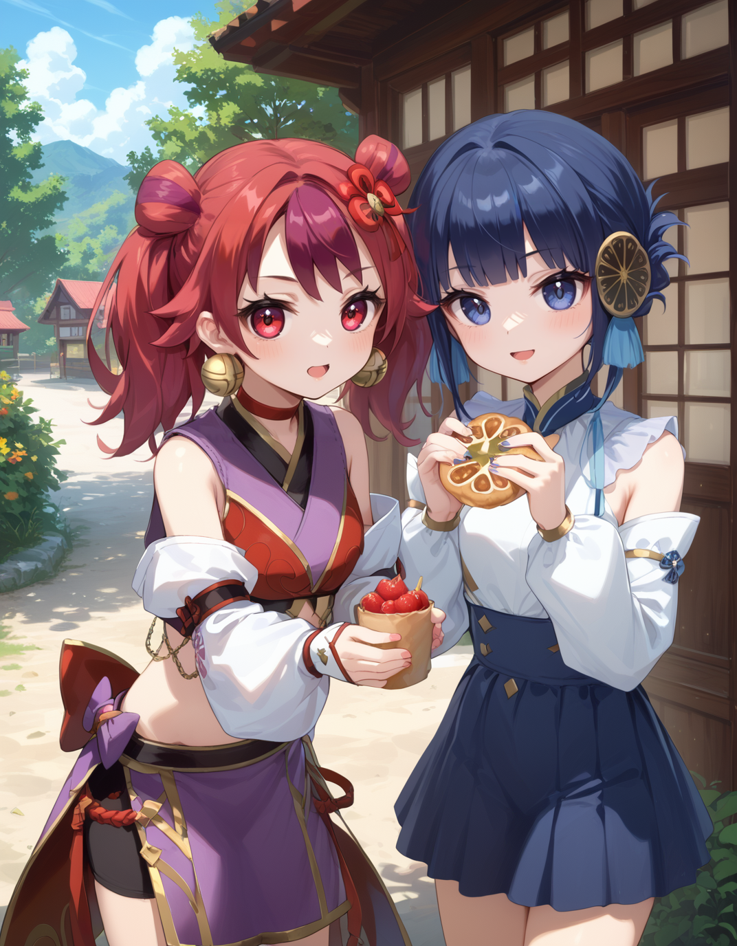 (score_9:0.9),score_8_up,score_7_up,rating_safe,(zPDXL3),2girls, navel, midriff, holding food, blush, open mouth, sky, outdoors, day, sidelocks, purple skirt
BREAK ha re the sword mikanko, single white detached sleeve, red crop top, red hair bow, black bike shorts, bell earrings, red choker, white fingerless gloves, 
BREAK nini the mirror mikanko, white detached sleeves, gold hair ornament, blue see-through dress, white crop top, jingle bell,<lora:Ha Re the sword mikanko & Nini the Mirror Mikanko ponyXL v1:0.76>,