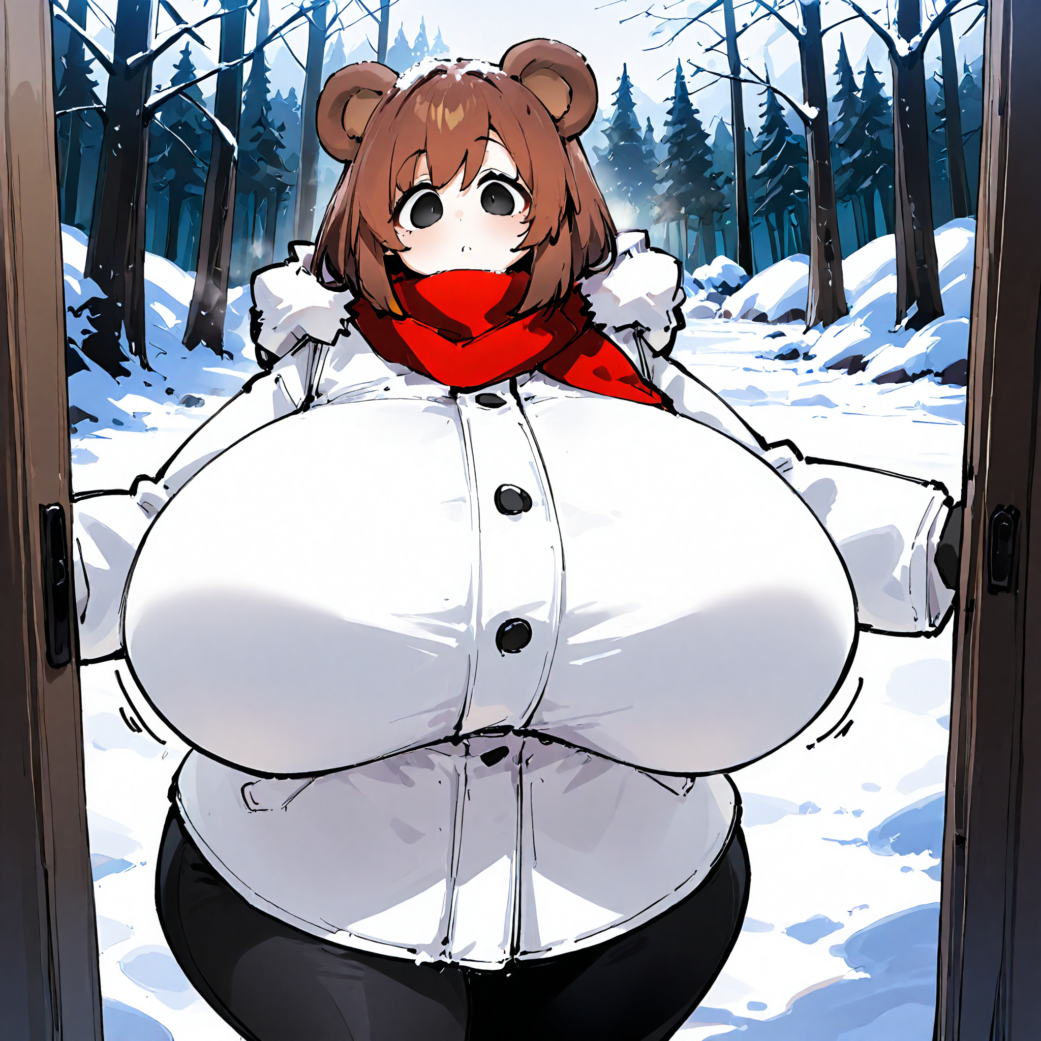 (masterpiece), best quality, (highly detailed), 1female, solo, <lora:Rr001c_style_Illustrious:0.8>, bear ears, brown hair, black eyes, gigantic breasts, wide hips, white winter coat, pants, fitting clothes, forest, snow, cabin, red scarf, looking at viewer, blank expression,