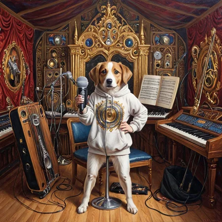 dog girl dressed in an elaborate collection of qu4ntum covering her in a majestic way holding microphone, music studio, painting of cute qu4ntum, pg safe