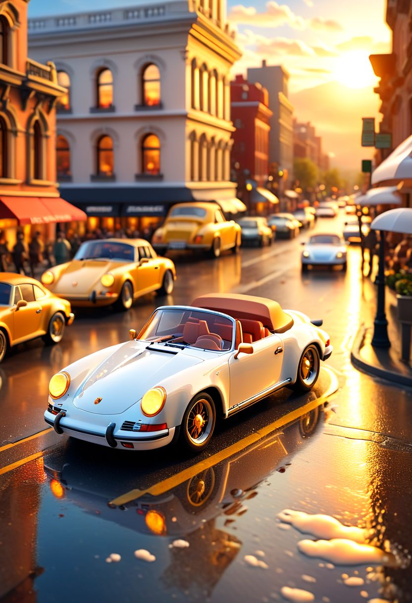 ispzxll, diorama, isometric, miniature, volumetric lighting style, intricate details, wide angle,, white porsche convertible car, wet pavement, crowded busy city street, reflective surfaces, glossy, golden hour, long shadows, fluffy clouds, sun rays shining through, 8k