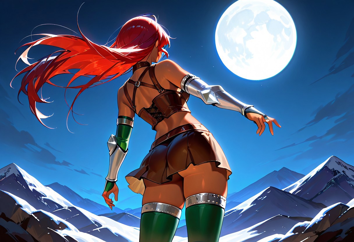 (score_9, score_8_up, score_7_up), 1girl, solo, extreme detail, Masterpiece, Best Quality, beautiful, high res image, 8k,
"Lysandra_Hawthorne, red hair, long hair, green eyes, dark-skinned female," Perfect anatomy, perfect hands, detailed, detailed face, detailed eyes, deep skin,
"elbow length green bridal gauntlets, brown boots, brown corset, brown short skirt, midriff, green thigh highs, solid silver arm guard, solid silver leg garter," facing away, from behind, from side, fighting dragon in background, mountain range, moonlight, moon, dark, night