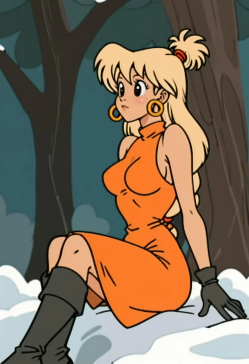 score_9, score_8_up, score_7_up, score_6
woman, tiffany, kangoo,detailed eyes, detailed face, (retro artstyle, 1990s \(style\), flat color, toon \(style\)),1girl, female, dress, solo, female,black eyes, breasts, outdoors, red dress, snow, tree, signature, medium breasts, sleeveless dress, boots, black footwear, sleeveless, orange dress, closed mouth, bare shoulders, full body, body, alternate hair length, long hair, alternate hairstyle, arm support, gloves, sitting,blonde hair