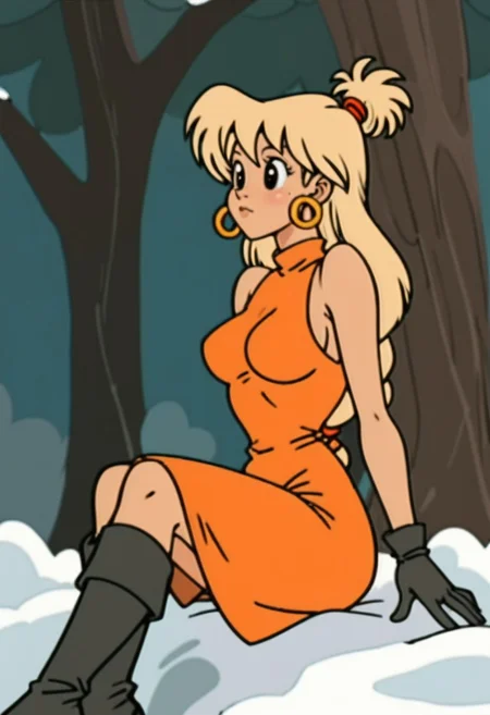 score_9, score_8_up, score_7_up, score_6
woman, tiffany, kangoo,detailed eyes, detailed face, (retro artstyle, 1990s \(style\), flat color, toon \(style\)),1girl, female, dress, solo, female,black eyes, breasts, outdoors, red dress, snow, tree, signature, medium breasts, sleeveless dress, boots, black footwear, sleeveless, orange dress, closed mouth, bare shoulders, full body, body, alternate hair length, long hair, alternate hairstyle, arm support, gloves, sitting,blonde hair