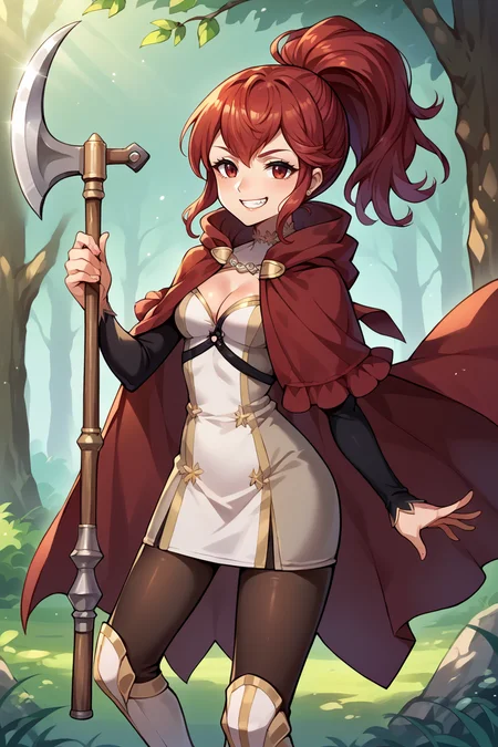 score_9, score_8_up, score_7_up, score_6_up, source_anime BREAK 1girl, solo, <lora:feanna-pdxl-nvwls-v1-000005:1> fatesanna, red hair, ponytail, maroon cloak, white dress, cleavage, harness, pantyhose, white boots, holding axe, grin, smug, forest