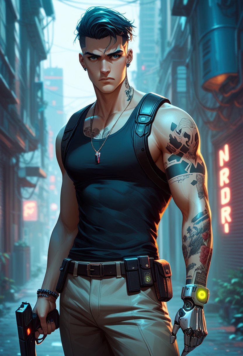 score_9, score_8_up, score_7_up, tattooed yakuza gangster walking in an alley, futuristic city, robotic forearm, cyberpunk, neon lights, futuristic pistol, weapon holster, determined