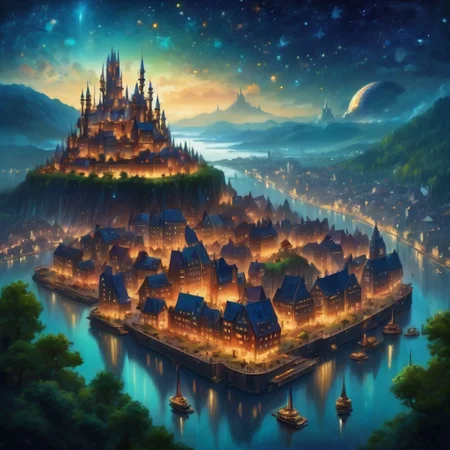 fantasy city overlooking a forest, bustling nightlife with flying ships, floating castle, starry night