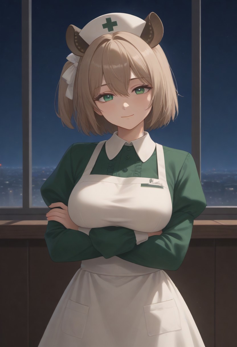 1girl, solo, solo focus, highres, absurdres, NimiNightmare, nurse cap, green eyes, bangs, animal ears, brown hair, hair between eyes, short hair, one side up,
large breasts, white apron, green dress, long sleeves, collared dress, puffy sleeves, white thighhighs,
looking at viewer, closed mouth, smug, head tilt, crossed arms,
cityscape, neon lights, window, dark, night, night sky, light particles, backlighting,