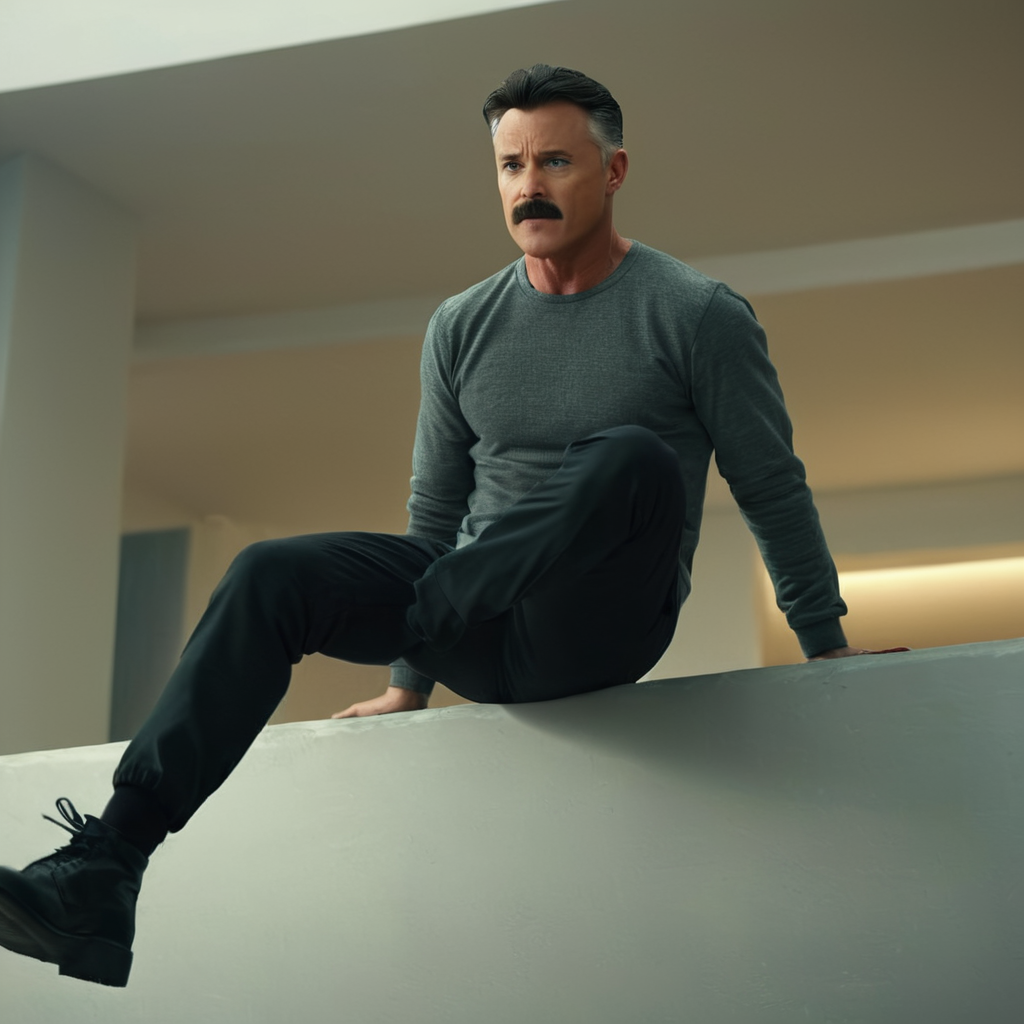 cinematic film still of  <lora:Invincible (TV series):0.4>
 <lora:detailed:0.4> detailed
 <lora:perfection style:0.4> perfect
 <lora:PerfectEyesXL:0.3>
 <lora:Nolan Grayson:1>
Nolan Grayson a man is flying on a ledge in a room,solo,short hair,black hair,long sleeves,1boy,male focus,pants,indoors,facial hair,mustache, shallow depth of field, vignette, highly detailed, high budget, bokeh, cinemascope, moody, epic, gorgeous, film grain, grainy