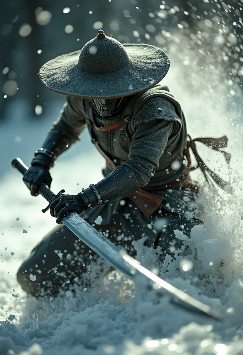 upper body closeup shot, old grainy analog photo, bad image quality, heavy film grain, monochrome with low key color spots, Create an action scene featuring a mechanical ninja in a broad outworn sedge hat, standing in the midst of an ice forest. He is executing a powerful sword strike that carves a furrow through the ice on the ground, scattering them away or disintegrating them with the force of the blow. The ninja's stance is calm and cool, with only his silhouette visible against the backdrop of the setting sun, which shines through parts of his metallic body. His billowing Linen cape adding to the dramatic effect. The scene is vibrant with atmospheric lighting and cinematic composition.