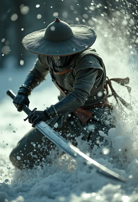 upper body closeup shot, old grainy analog photo, bad image quality, heavy film grain, monochrome with low key color spots, Create an action scene featuring a mechanical ninja in a broad outworn sedge hat, standing in the midst of an ice forest. He is executing a powerful sword strike that carves a furrow through the ice on the ground, scattering them away or disintegrating them with the force of the blow. The ninja's stance is calm and cool, with only his silhouette visible against the backdrop of the setting sun, which shines through parts of his metallic body. His billowing Linen cape adding to the dramatic effect. The scene is vibrant with atmospheric lighting and cinematic composition.