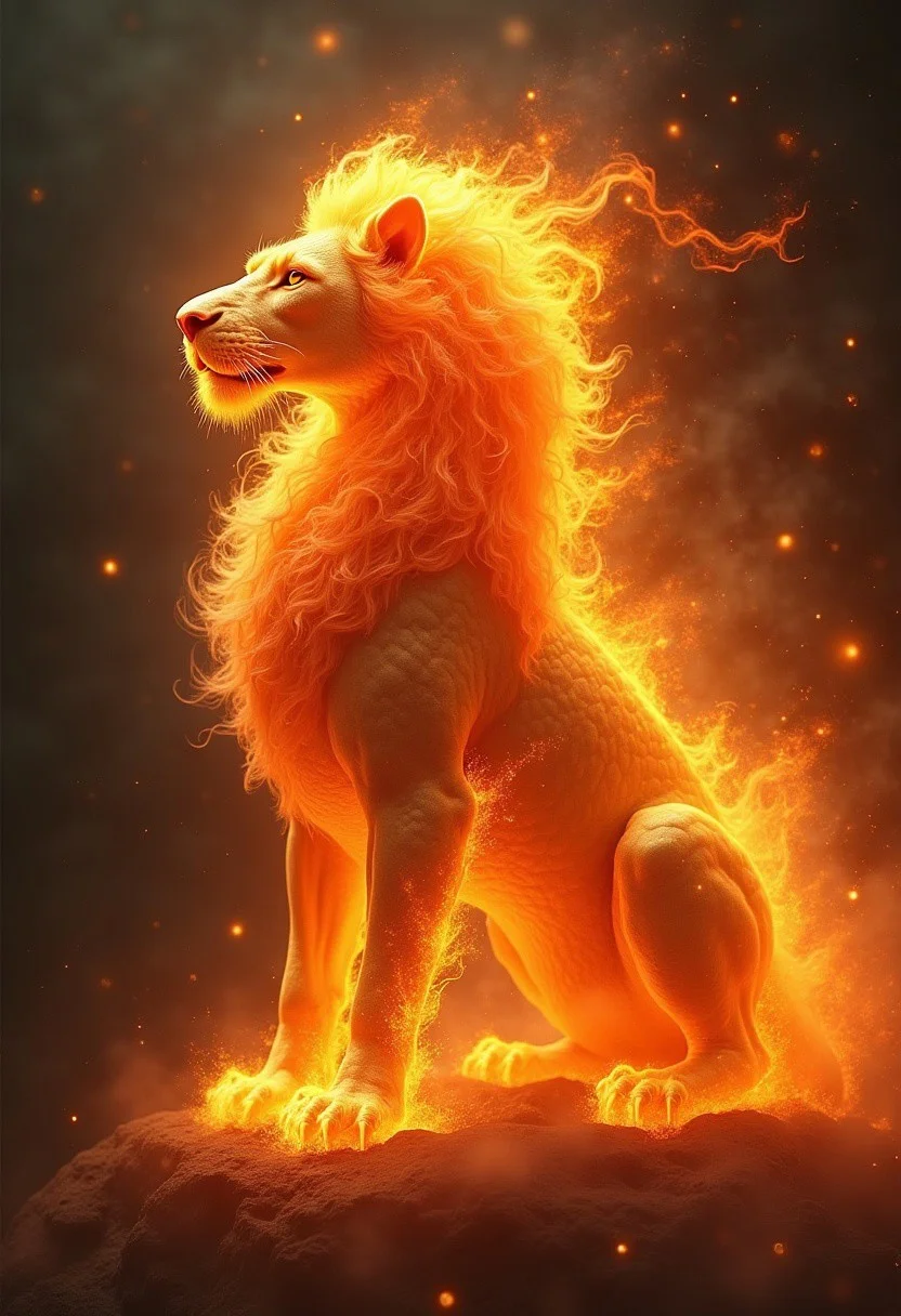 beautiful aesthetic, intricate, a dragonic lion made of fire, covered in fire, magical aura, fantasy art, peaceful, high fantasy style, mysterious, celestial light, ethereal, painterly, epic, majestic, magical, fantasy art, cover art, sparkling glass, dramatic lighting