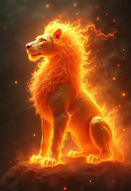 beautiful aesthetic, intricate, a dragonic lion made of fire, covered in fire, magical aura, fantasy art, peaceful, high fantasy style, mysterious, celestial light, ethereal, painterly, epic, majestic, magical, fantasy art, cover art, sparkling glass, dramatic lighting