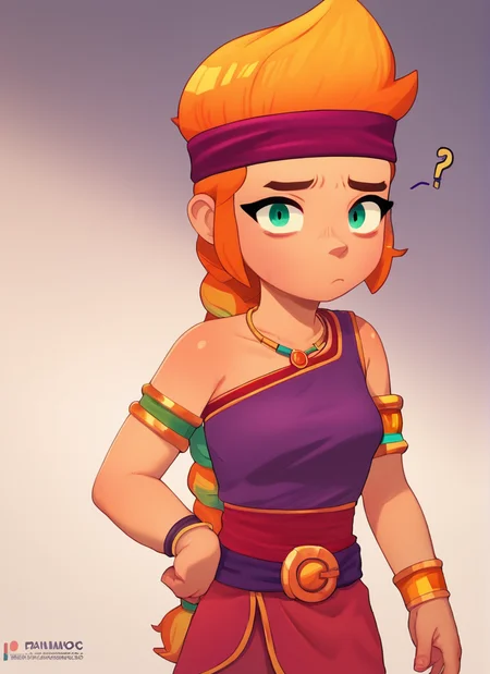 score_9, score_8_up, score_7_up, <lora:bsamber:1> 1 girl , bsamber , orange hair ,hairband , braid, purple top ,belt , red skirt , armlet, bracelet, <lora:PossumMachine:1>posmach ,confused, looking at viewer,