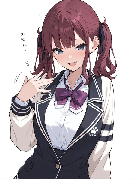 masterpiece,best quality,newest,
1girl,solo,
<lora:natsuki-karin_gs_ilxl_v1.2:0.9>,n_karin,twintails,blue eyes,white shirt,long_sleeves,purple bowtie,jacket,<lora:Fixhands_anime_bdsqlsz_V1:1>,white_background,simple_background,looking_at_viewer,smile,giggling,