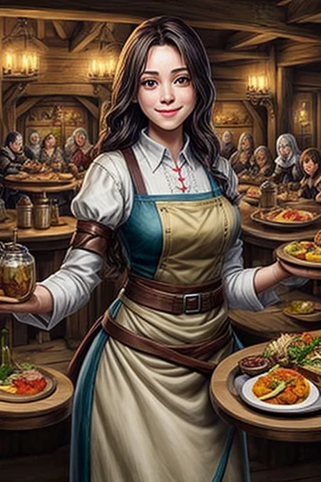 a waitress with an alchemy belt serving food on a tray in a medieval fantasy tavern with a bunch of visitors at tables, different fairy-tale races, magic, alchemy, handicrafts