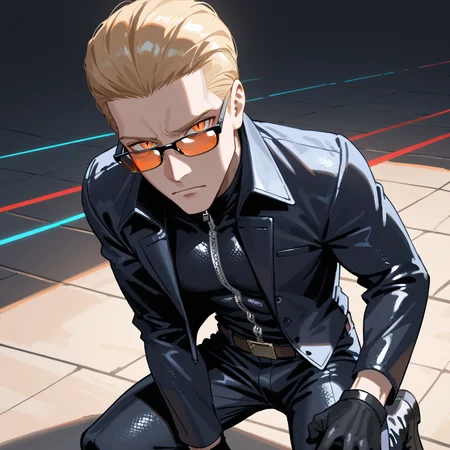 PonyScores7, source_anime, ah1, best quality, (masterpiece:1.4), (high quality:1.4), sharp focus, 4k, absurd resolution, <lora:albertwesker-guy-PONYv1:0.8> albertwesker, albert wesker, 1boy, solo, blonde, black gloves, sunglasses, belt, pants, black coat, black pants, looking at viewer, toned, athletic, fit, slicked back hair, black turtleneck, zipper, mature male, (graphene textured clothes), black boots, (savior, with a radiant aura and a healing touch rescuing those in peril), (Hauntingly, sinister pawnshop), bad-hands-5, ((Elated expression)), <lora:xl_more_art-full_v1:0.2>, <lora:shinyskin2:0.2> glistening skin, <lora:aesthetic_anime_v1s:0.2>, <lora:Expressive_H:0.2> Expressiveh, <lora:hairdetailpxl:0.2> hairdetailpxl, <lora:detailxl:0.2> detailxl, (High Angle (from the side) view Extreme Close shot (focus on knees)), (Golf wear), (focused, intense glare), slit pupils, short hair, (reddish orange eyes), best quality, amazing quality, best aesthetic, absurdres, <lora:expressive eyes:0.2> expressive eyes, <lora:eyedetailpxl:0.2> eyedetailpxl, illustration, Volumetric_Lighting, ultra-detailed, very aesthetic, intricate details, 8k, masterpiece, best_quality, (angular face, sharp_featured face),