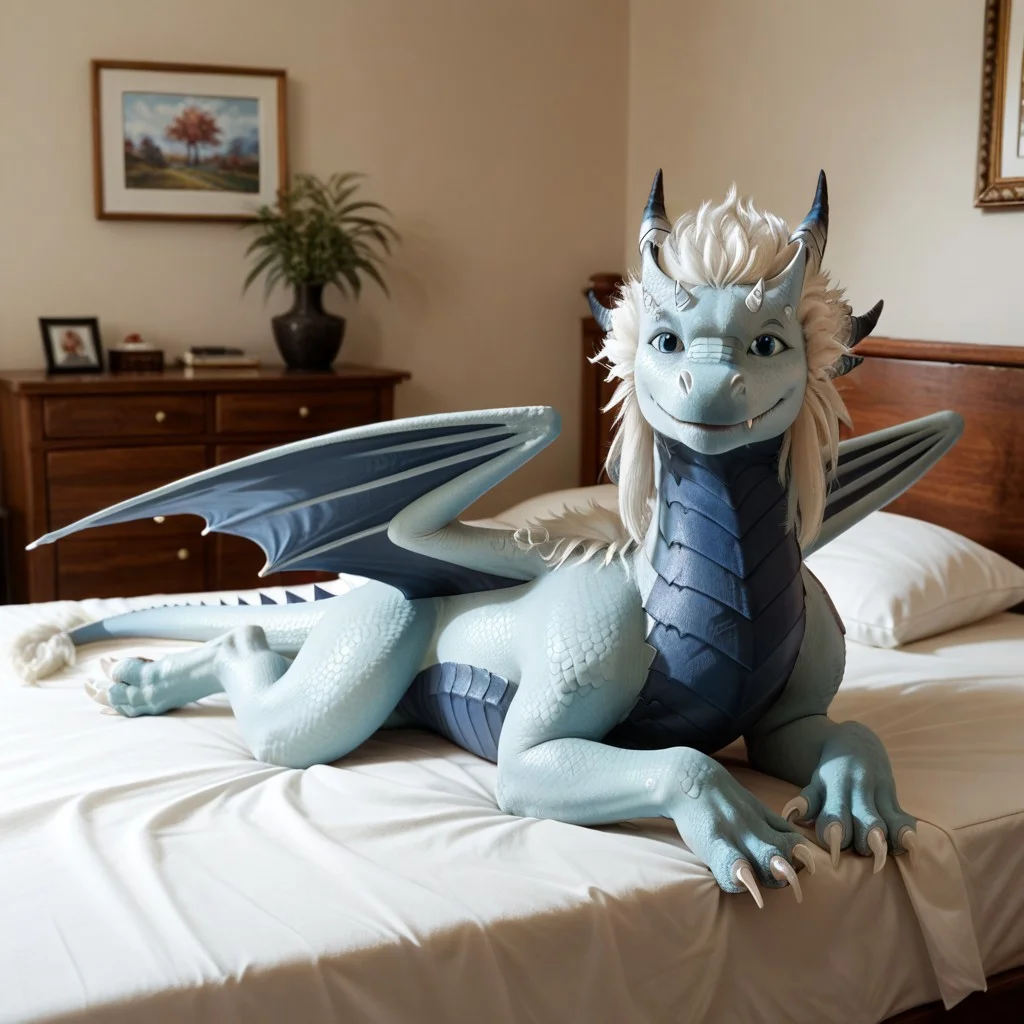 score_9, score_8_up, score_7_up, score_6_up, score_5_up, score_4_up, masterpiece, high quality, realistic, detailed, best quality, white bed, solo, rating_safe, source_furry, bedroom, smiling, looking at viewer, lying on belly, full body, detailed eyes, azymondias_tdp, dragon, light blue scales, white hair, blue wings, horns, tail, claws, male, 1boy, blue eyes, feral