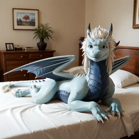 score_9, score_8_up, score_7_up, score_6_up, score_5_up, score_4_up, masterpiece, high quality, realistic, detailed, best quality, white bed, solo, rating_safe, source_furry, bedroom, smiling, looking at viewer, lying on belly, full body, detailed eyes, azymondias_tdp, dragon, light blue scales, white hair, blue wings, horns, tail, claws, male, 1boy, blue eyes, feral