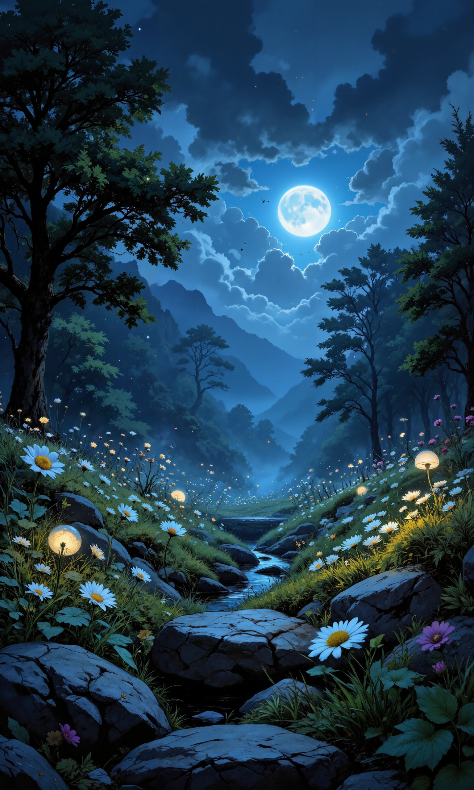 Lush meadow bathed in soft moonlight, delicate wildflowers swaying gently, luminous fireflies dancing through misty air. Silvery dew drops glisten on grass blades, nocturnal moths flutter silently. Ancient oak trees frame the scene, branches adorned with gossamer cobwebs. Distant owl hoots echo, crickets chirp rhythmically. Moonflowers unfurl, releasing sweet fragrance. Shadowy ferns create mysterious depths, moss-covered rocks add texture. Ethereal fog tendrils curl around flower stems, creating dreamy atmosphere. Stars twinkle above, reflected in a hidden brook. Cool blue tones dominate, punctuated by bioluminescent mushrooms. Intricate details, 8k resolution, photorealistic quality, masterful composition. Serene nocturnal ambiance, magical realism style, deep depth of field. <lora:Anime realistic V1:0.6> <lora:Comic book opus 3:0.9> <lora:aidmaFLUXPro1.1-FLUX-v0.3:0.9> <lora:flux_dev:1>