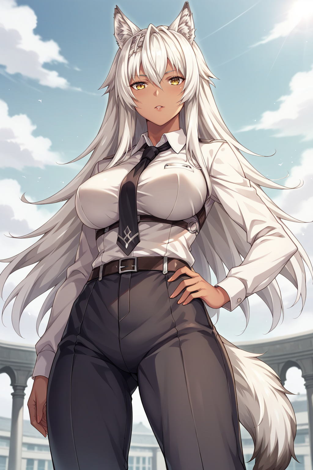 sscore_9, score_8_up, score_7_up, source_anime, 1girl, prefect lighting, very aesthetic, intricate details, highly detailed background, masterpiece, high quality, prefect hands, best quality, solo, 
<lora:Leona_Kuroinu_V1:.85>, KJOLeona, yellow eyes, white hair, long hair, hair between eyes, wolf ears, dark skin, wolf tail, 
White collared shirt, black necktie, black pants, long sleeves,
standing, hand on own hip, from below, looking at viewer,
rooftop,
(Beautiful, large Breasts:1.2), natural breasts,