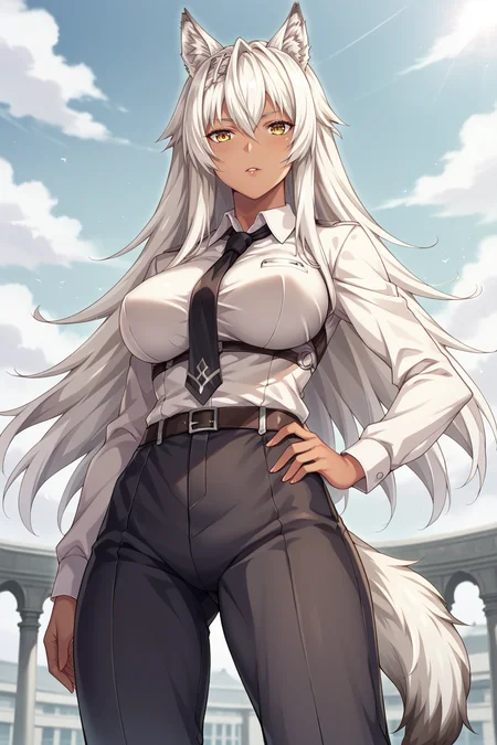 sscore_9, score_8_up, score_7_up, source_anime, 1girl, prefect lighting, very aesthetic, intricate details, highly detailed background, masterpiece, high quality, prefect hands, best quality, solo, 
<lora:Leona_Kuroinu_V1:.85>, KJOLeona, yellow eyes, white hair, long hair, hair between eyes, wolf ears, dark skin, wolf tail, 
White collared shirt, black necktie, black pants, long sleeves,
standing, hand on own hip, from below, looking at viewer,
rooftop,
(Beautiful, large Breasts:1.2), natural breasts,