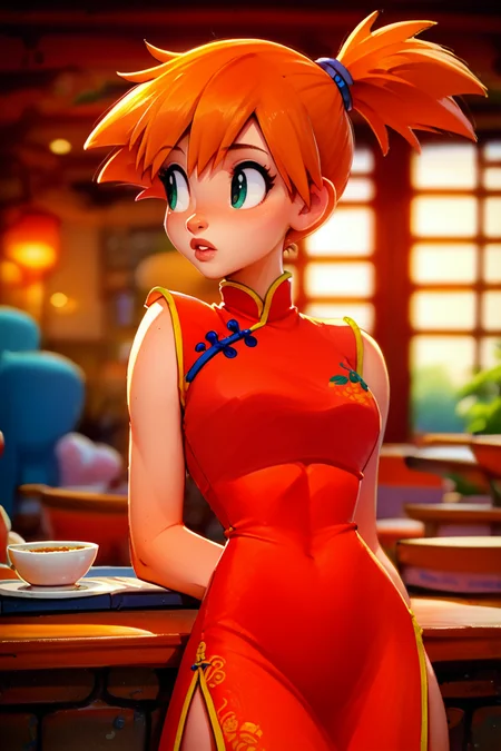 score_9,  score_8_up, score_7_up, score_6_up, traditional art, 1girl, misty \(pokemon\), red china dress, upper body,  parted lips, looking to the side, dramatic lighting, restaurant, blurry background
<lora:Ultimate_Misty_Pony_XL:1> <lora:pony_style_xl.Raichiyo33_Style:1>