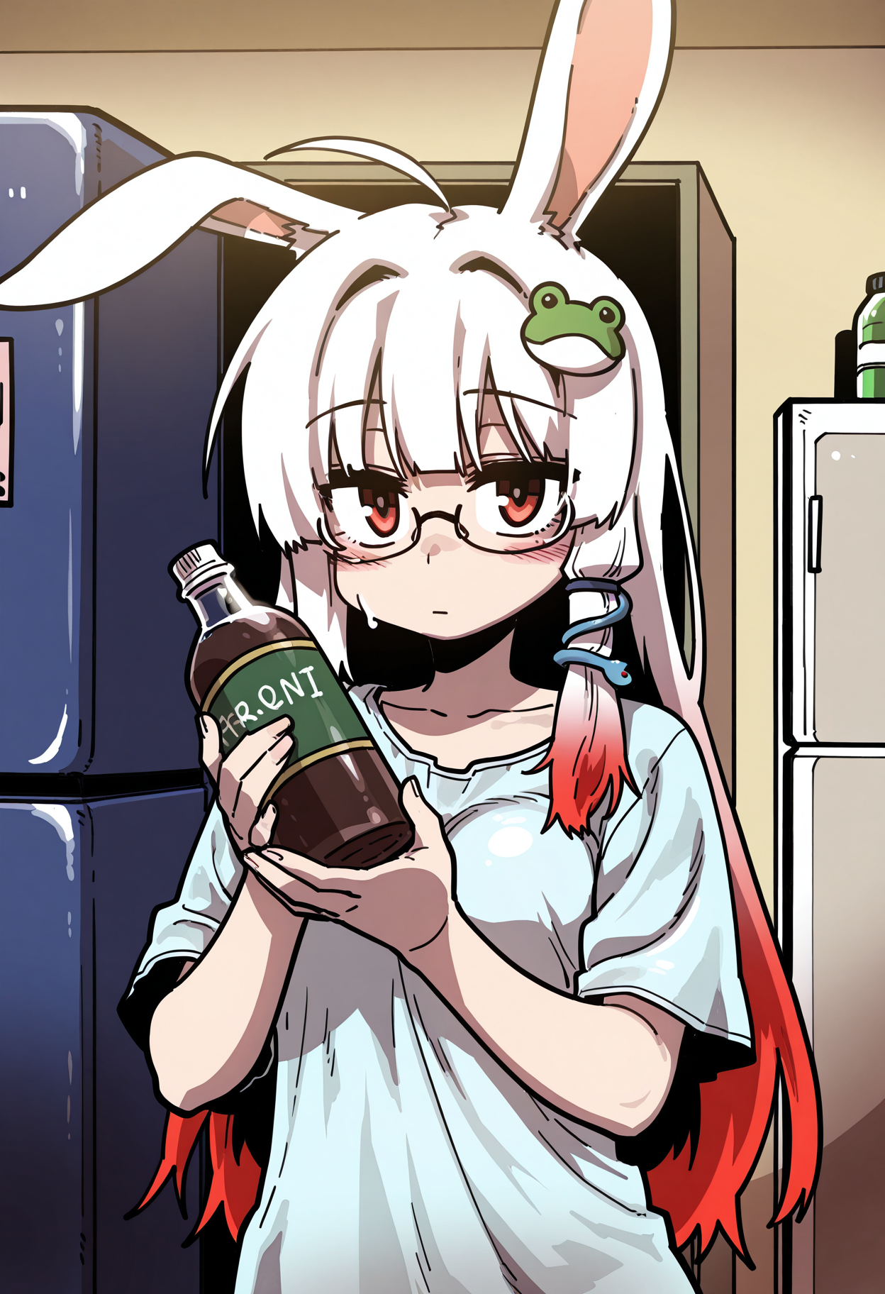 solo,
1girl, rabbit ears, ((white hair), red hair, gradient hair), long hair, blunt bangs, red eyes, detailed eyes,
glasses, hair ornament, ahoge, frog hair ornament, bottle, long shirt, nightshirt, under-rim eyewear,
blush, food, upper body, looking at viewer,
refrigerator, indoors, good hands, holding bottle,
<lora:parkgeeIL-style:1>,parkgee,masterpiece,best quality,amazing quality, 2D,  line art,